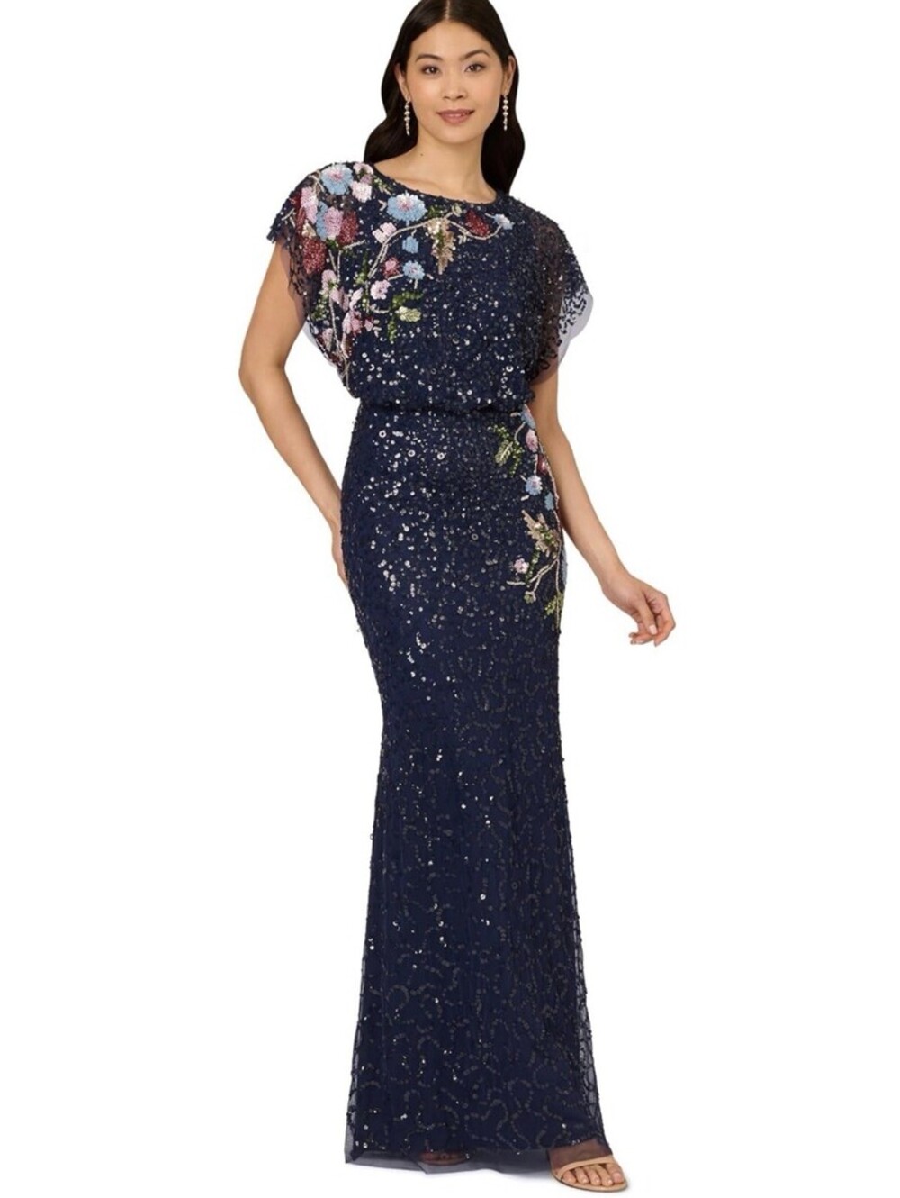 Adrianna Papell Floral Beaded Mermaid Dress Size 16W Midnight Multi NWT $329